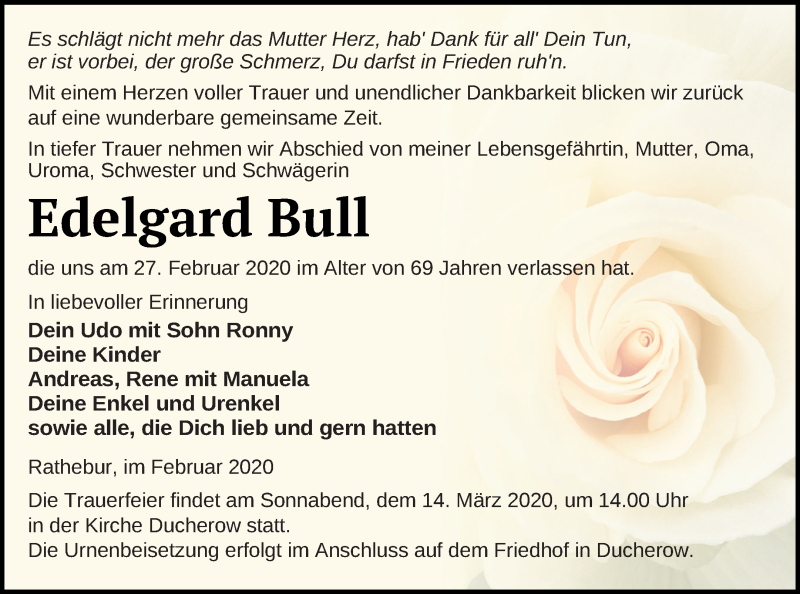  Traueranzeige für Edelgard Bull vom 06.03.2020 aus Vorpommern Kurier