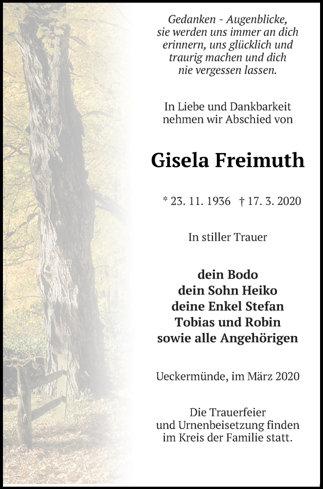  Traueranzeige für Gisela Freimuth vom 21.03.2020 aus Haff-Zeitung