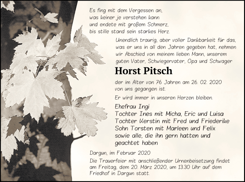  Traueranzeige für Horst Pitsch vom 07.03.2020 aus Mecklenburger Schweiz