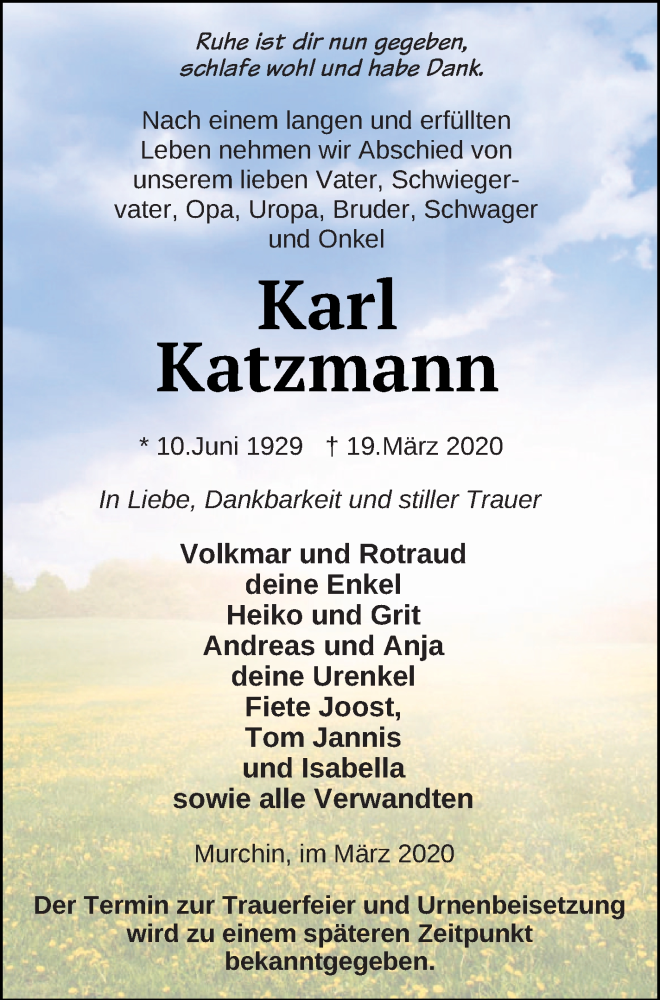  Traueranzeige für Karl Katzmann vom 28.03.2020 aus Vorpommern Kurier