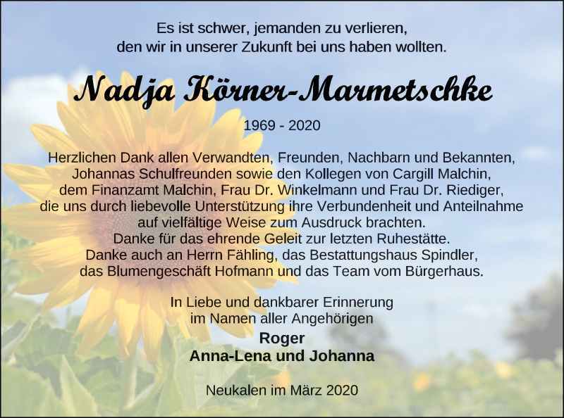  Traueranzeige für Nadja Körner-Marmetschke vom 07.03.2020 aus Mecklenburger Schweiz