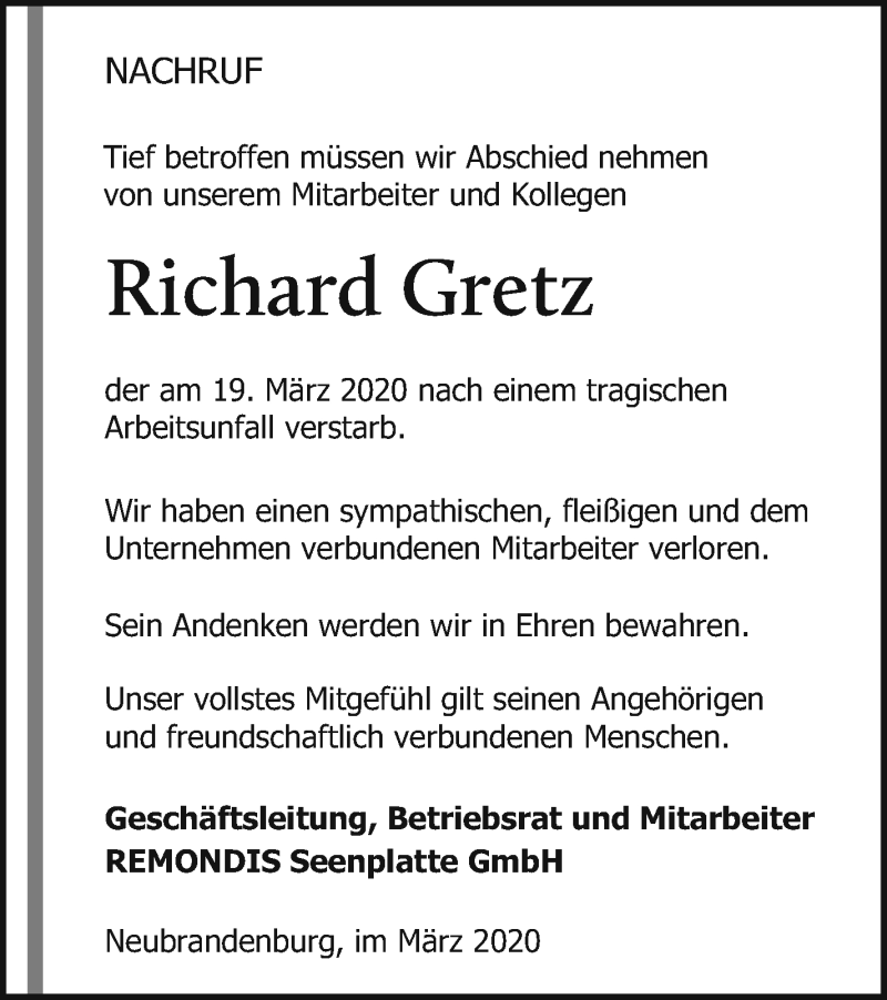  Traueranzeige für Richard Gretz vom 31.03.2020 aus Neubrandenburger Zeitung