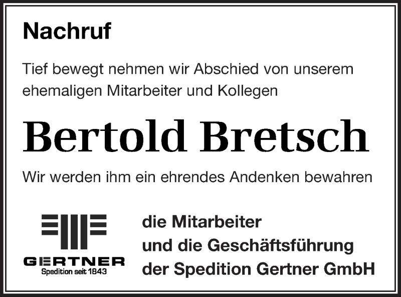  Traueranzeige für Bertold Bretsch vom 09.04.2020 aus Neubrandenburger Zeitung