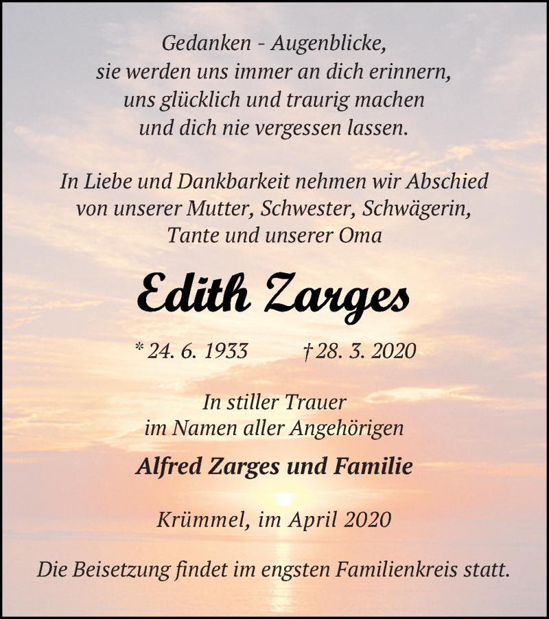  Traueranzeige für Edith Zarges vom 01.04.2020 aus Müritz-Zeitung