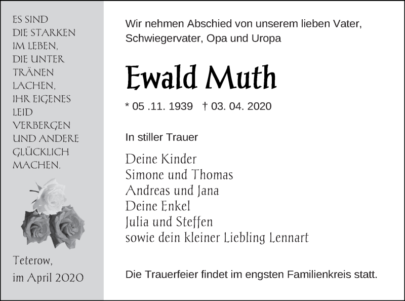  Traueranzeige für Ewald Muth vom 07.04.2020 aus Mecklenburger Schweiz