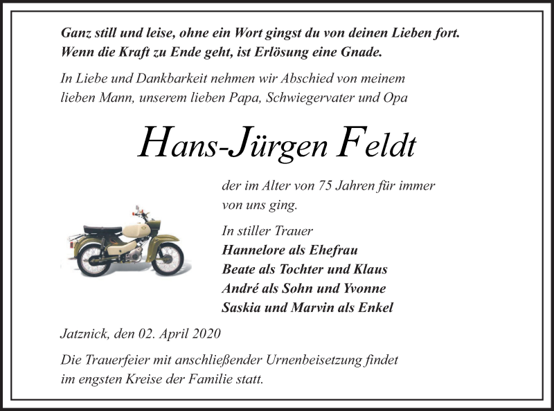  Traueranzeige für Hans-Jürgen Feldt vom 07.04.2020 aus Pasewalker Zeitung