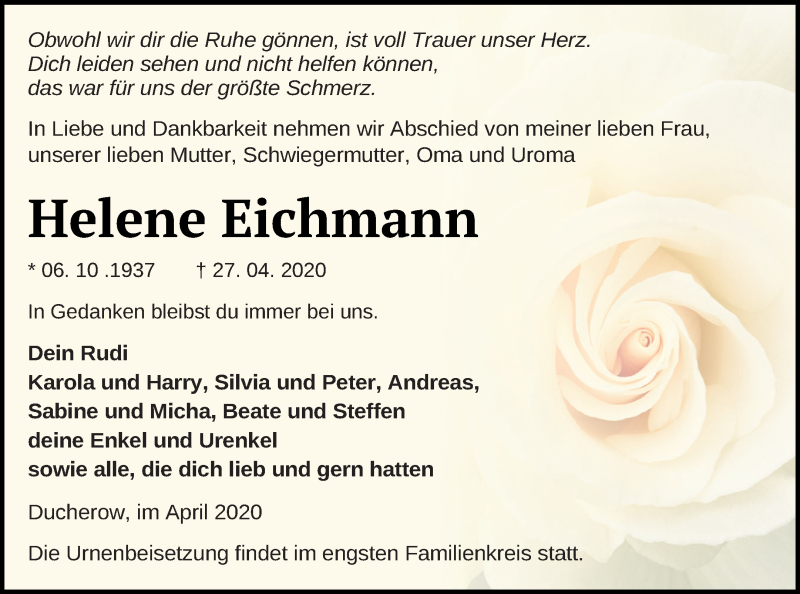  Traueranzeige für Helene Eichmann vom 30.04.2020 aus Vorpommern Kurier