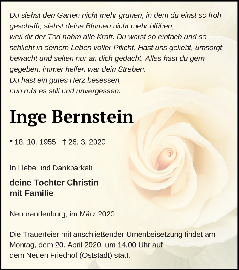  Traueranzeige für Inge Bernstein vom 04.04.2020 aus Vorpommern Kurier