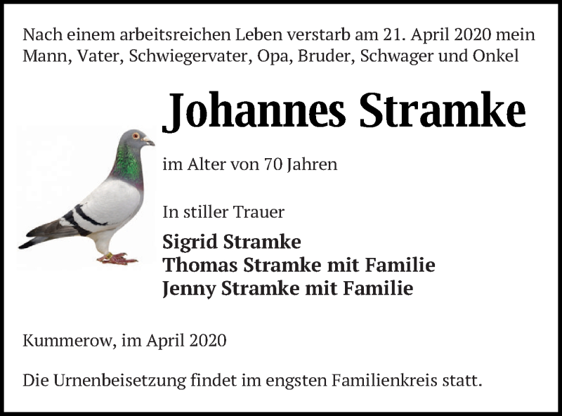  Traueranzeige für Johannes Stramke vom 30.04.2020 aus Mecklenburger Schweiz