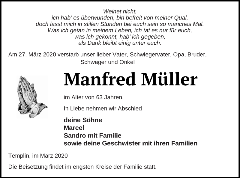  Traueranzeige für Manfred Müller vom 01.04.2020 aus Templiner Zeitung