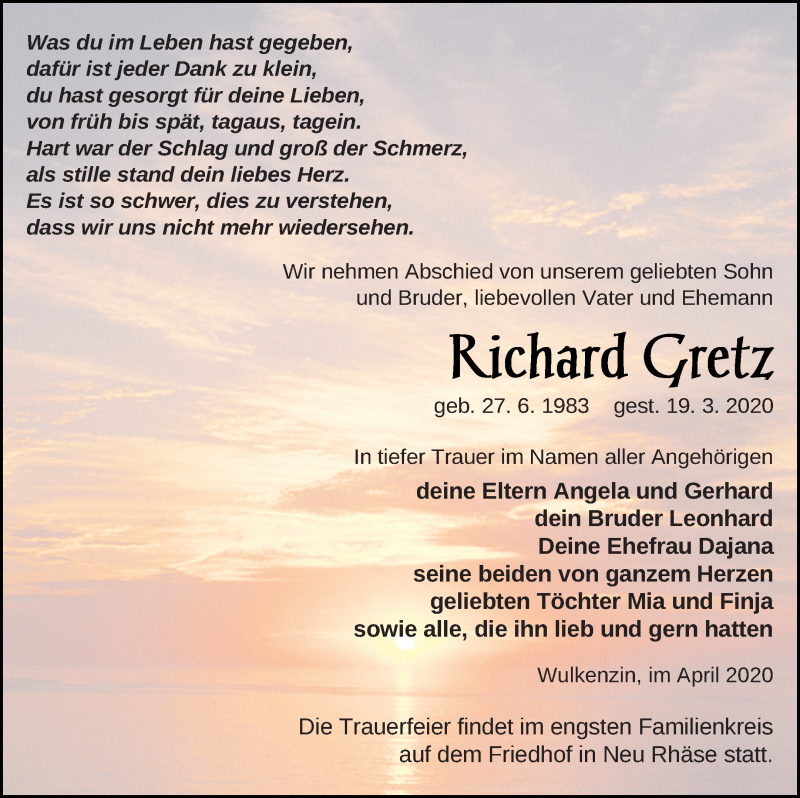  Traueranzeige für Richard Gretz vom 04.04.2020 aus Neubrandenburger Zeitung