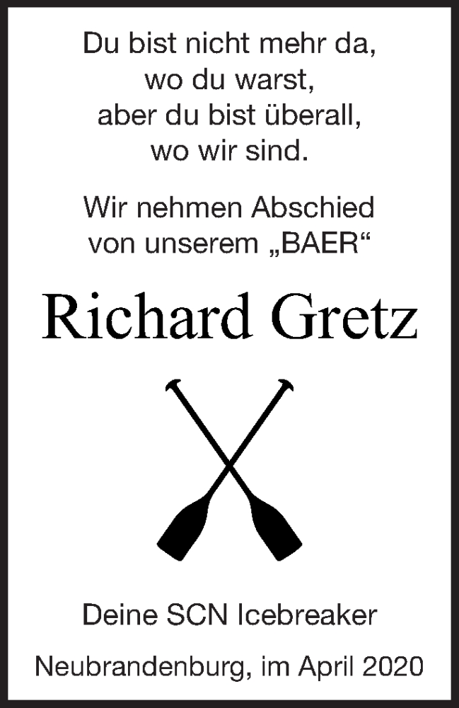  Traueranzeige für Richard Gretz vom 18.04.2020 aus Neubrandenburger Zeitung