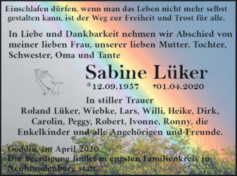  Traueranzeige für Sabine Lüker vom 04.04.2020 aus Mecklenburger Schweiz