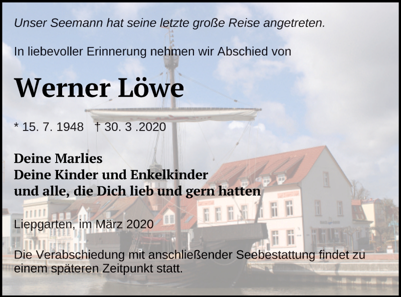  Traueranzeige für Werner Löwe vom 11.04.2020 aus Haff-Zeitung