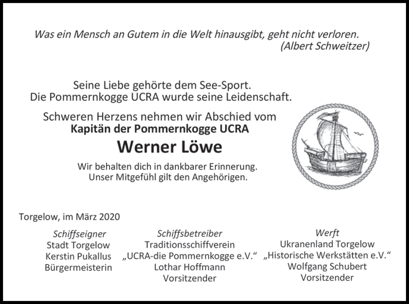  Traueranzeige für Werner Löwe vom 11.04.2020 aus Haff-Zeitung