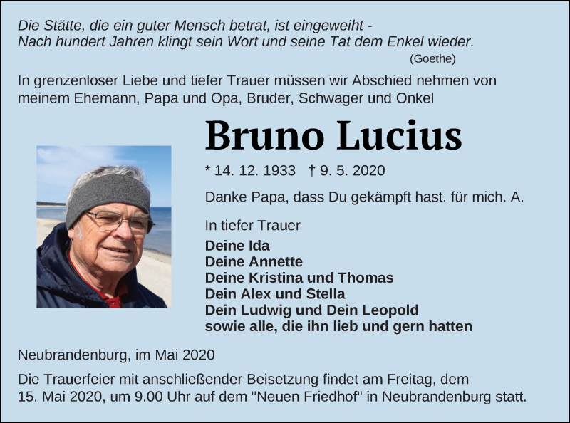  Traueranzeige für Bruno Lucius vom 13.05.2020 aus Neubrandenburger Zeitung