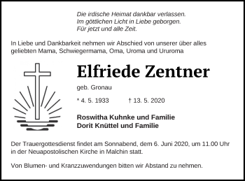 Traueranzeige von Elfriede Zentner von Mecklenburger Schweiz