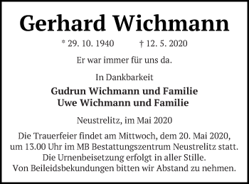 Traueranzeige von Gerhard Wichmann von Strelitzer Zeitung