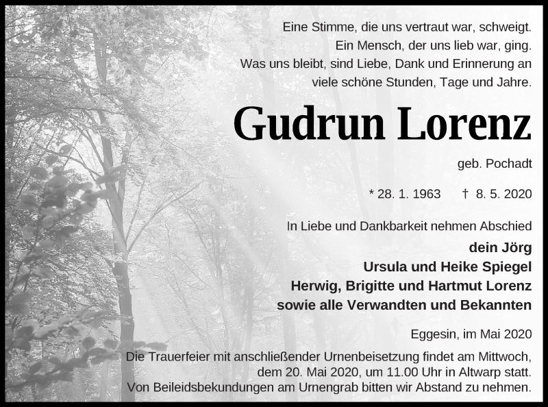  Traueranzeige für Gudrun Lorenz vom 16.05.2020 aus Haff-Zeitung