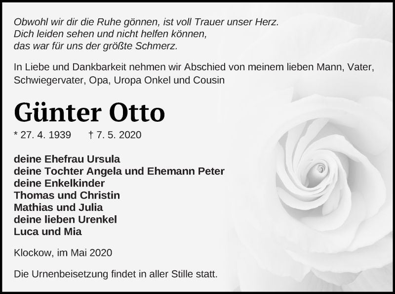  Traueranzeige für Günter Otto vom 14.05.2020 aus Mecklenburger Schweiz