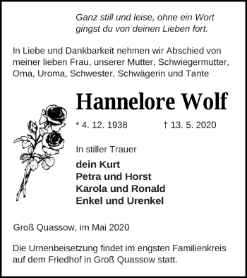 Traueranzeige von Hannelore Wolf von Strelitzer Zeitung