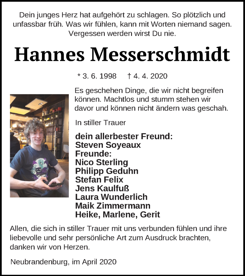  Traueranzeige für Hannes Messerschmidt vom 07.05.2020 aus Neubrandenburger Zeitung