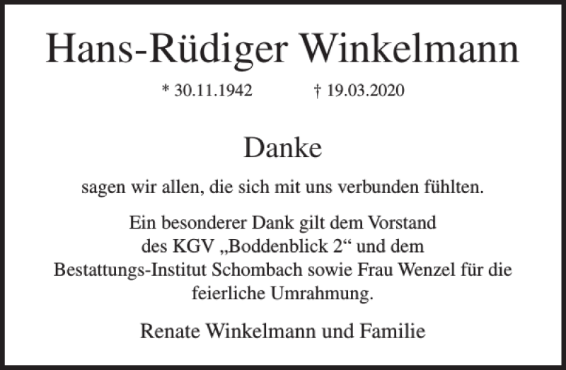 Traueranzeigen von Hans Rüdiger Winkelmann Trauer Nordkurier