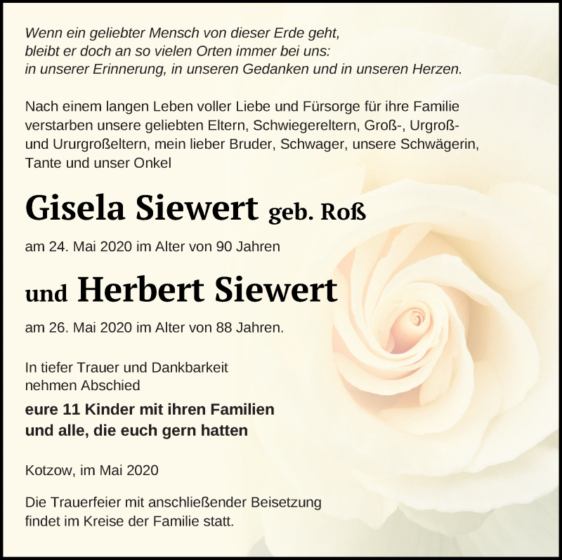  Traueranzeige für Herbert Siewert vom 29.05.2020 aus Müritz-Zeitung
