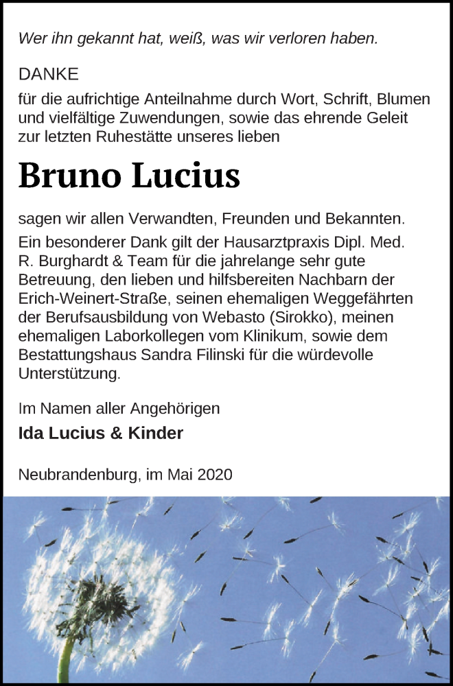 Traueranzeige für Bruno Lucius vom 05.06.2020 aus Neubrandenburger Zeitung