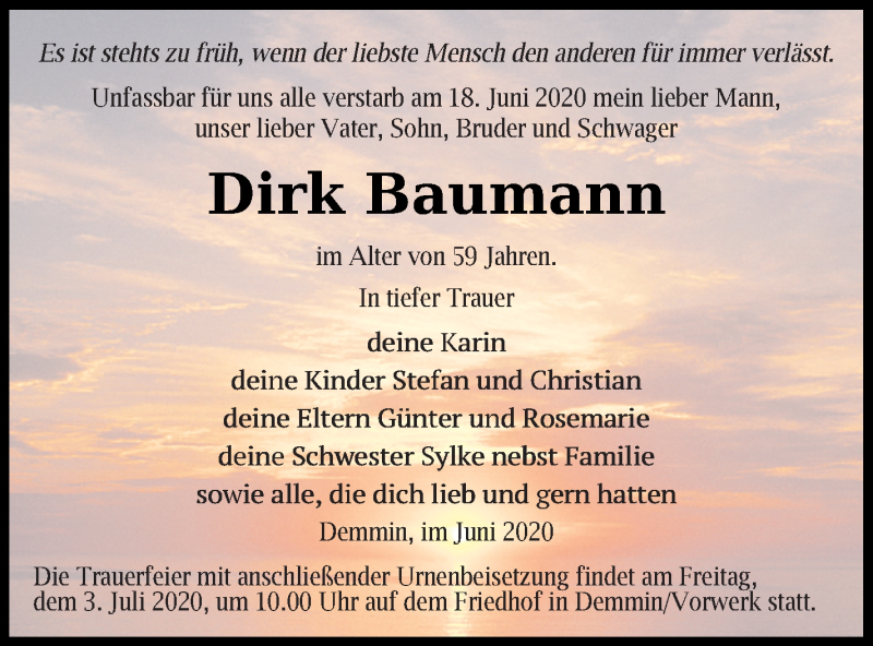 Traueranzeige für Dirk Baumann vom 20.06.2020 aus Demminer Zeitung