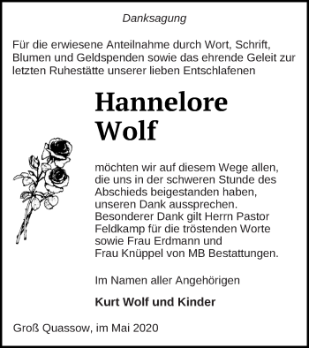 Traueranzeige von Hannelore Wolf von Strelitzer Zeitung