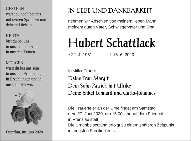  Traueranzeige für Hubert Schattlack vom 20.06.2020 aus Prenzlauer Zeitung