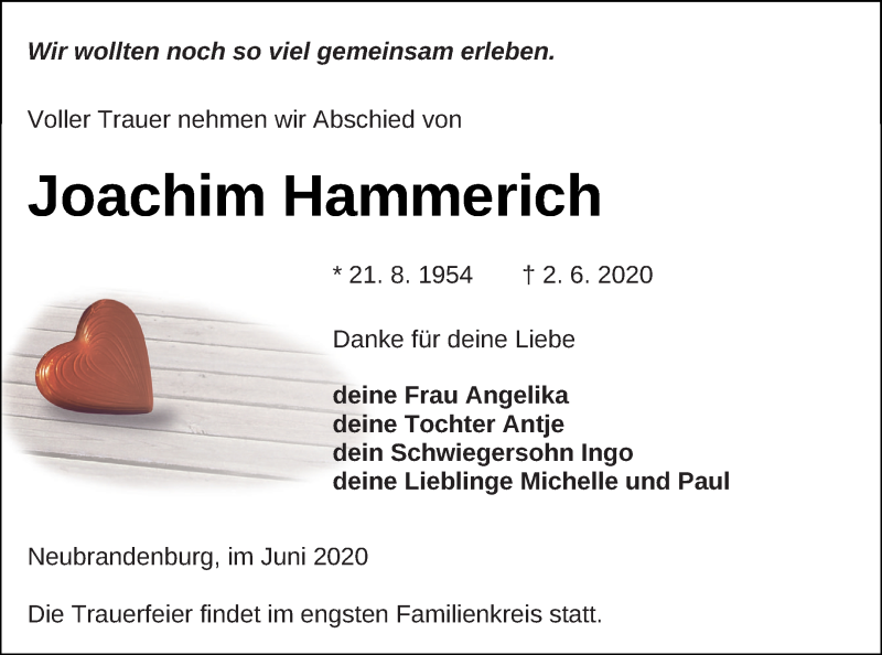  Traueranzeige für Joachim Hammerich vom 09.06.2020 aus Neubrandenburger Zeitung
