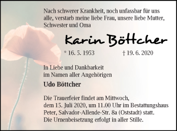 Traueranzeigen von Karin Böttcher Trauer Nordkurier