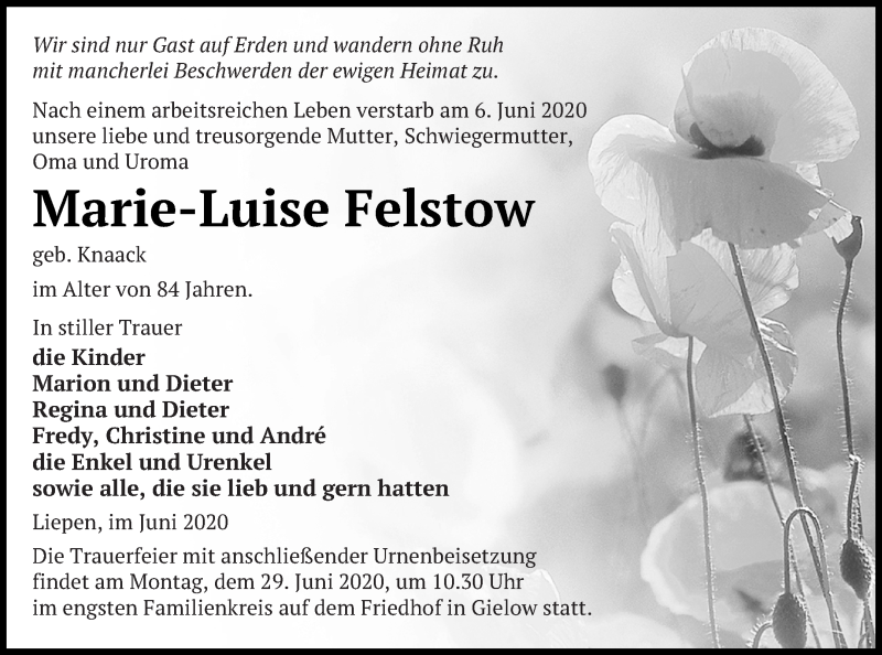  Traueranzeige für Marie-Luise Felstow vom 20.06.2020 aus Mecklenburger Schweiz