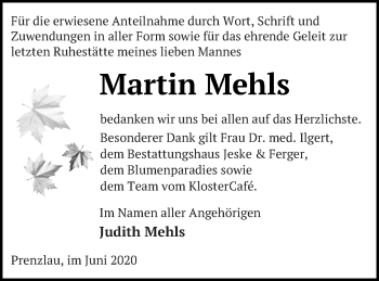 Traueranzeige von Martin Mehls von Prenzlauer Zeitung