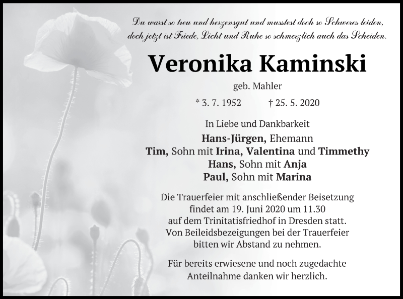  Traueranzeige für Veronika Kaminski vom 02.06.2020 aus Mecklenburger Schweiz