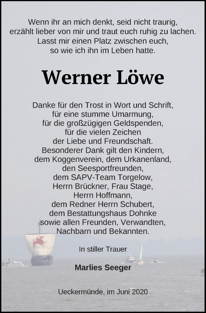  Traueranzeige für Werner Löwe vom 20.06.2020 aus Haff-Zeitung