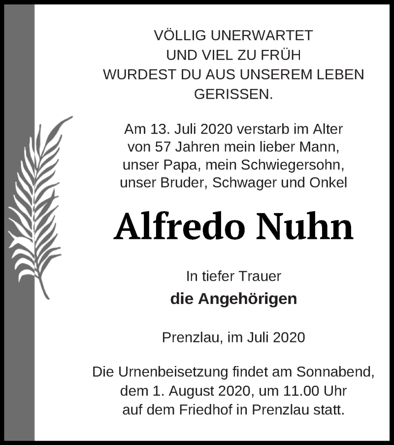  Traueranzeige für Alfredo Nuhn vom 17.07.2020 aus Prenzlauer Zeitung