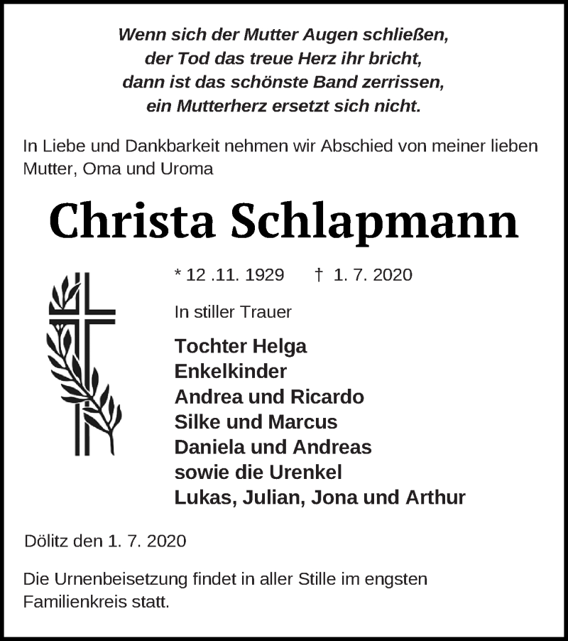  Traueranzeige für Christa Schlapmann vom 03.07.2020 aus Mecklenburger Schweiz