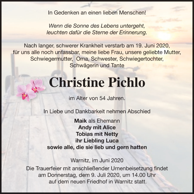  Traueranzeige für Christine Pichlo vom 03.07.2020 aus Prenzlauer Zeitung