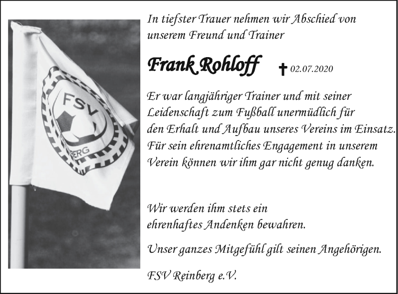  Traueranzeige für Frank Rohloff vom 17.07.2020 aus Treptower Tageblatt