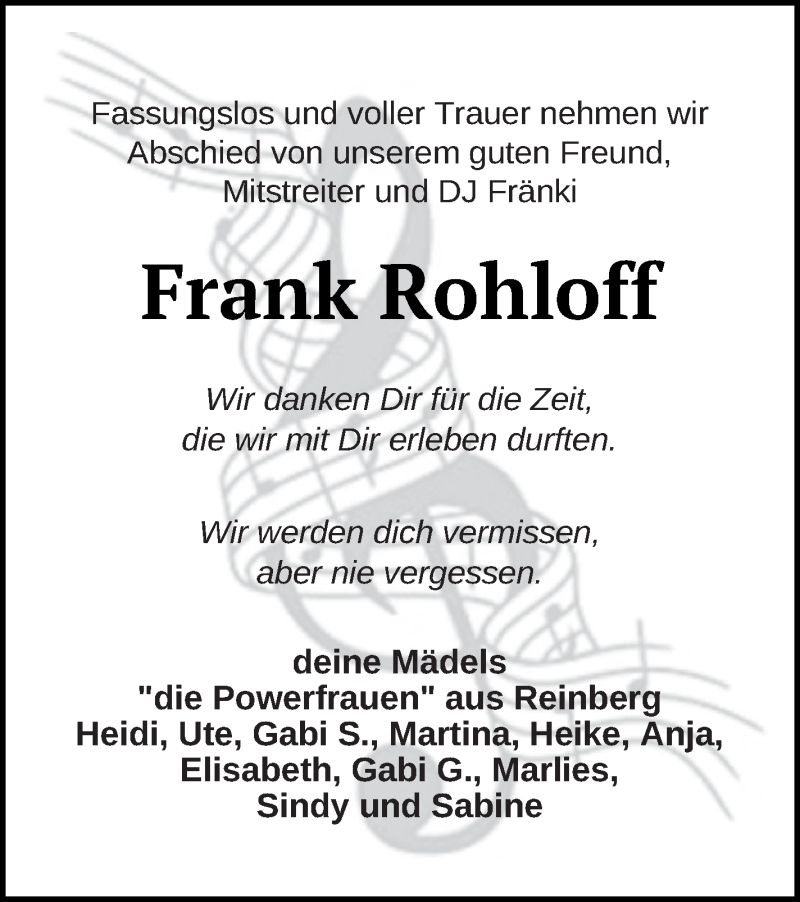  Traueranzeige für Frank Rohloff vom 15.07.2020 aus Neubrandenburger Zeitung