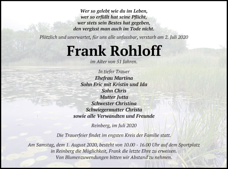  Traueranzeige für Frank Rohloff vom 11.07.2020 aus Demminer Zeitung