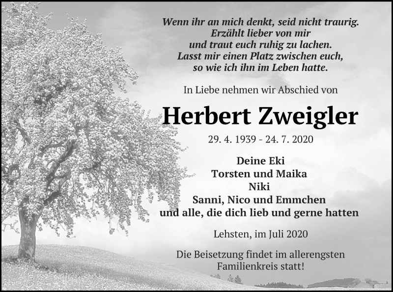  Traueranzeige für Herbert Zweigler vom 29.07.2020 aus Müritz-Zeitung