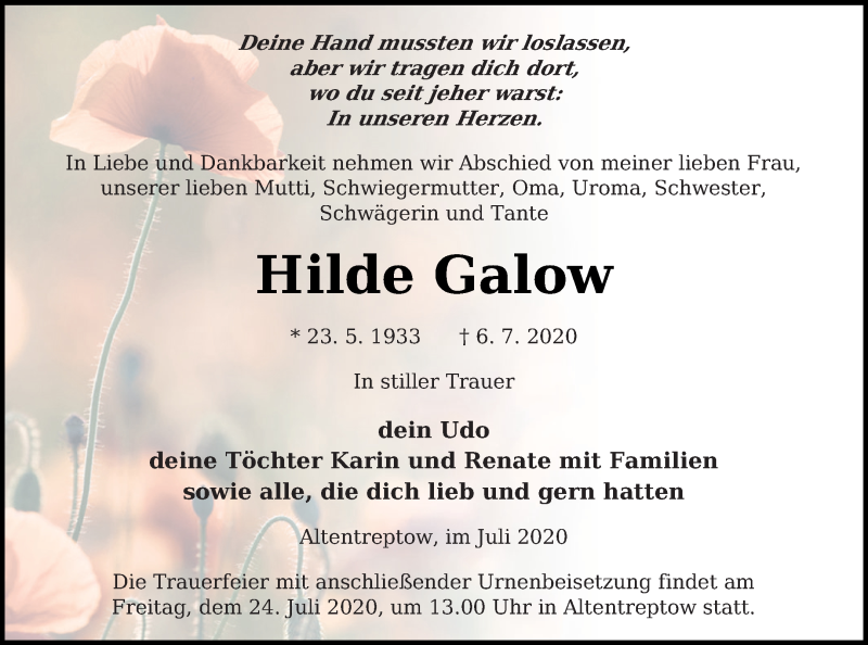  Traueranzeige für Hilde Galow vom 10.07.2020 aus Neubrandenburger Zeitung