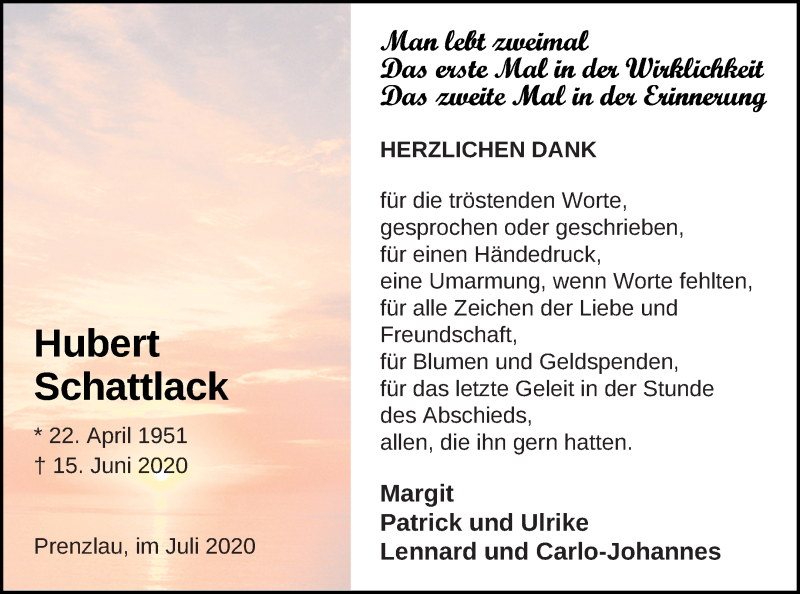  Traueranzeige für Hubert Schattlack vom 11.07.2020 aus Prenzlauer Zeitung
