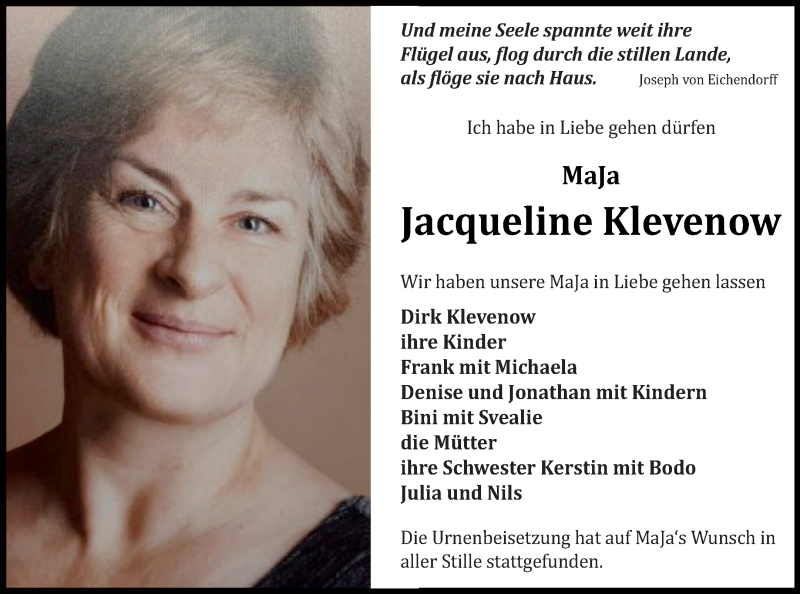  Traueranzeige für Jacqueline Klevenow vom 25.07.2020 aus Müritz-Zeitung