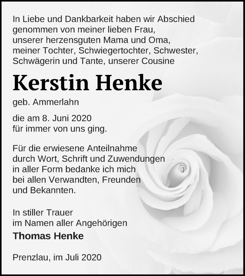  Traueranzeige für Kerstin Henke vom 04.07.2020 aus Prenzlauer Zeitung