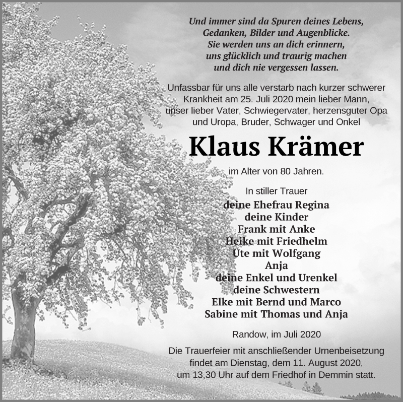  Traueranzeige für Klaus Krämer vom 31.07.2020 aus Demminer Zeitung